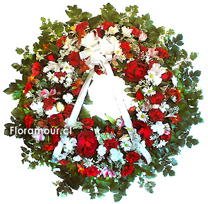 Corona de condolencias en rojo y blanco